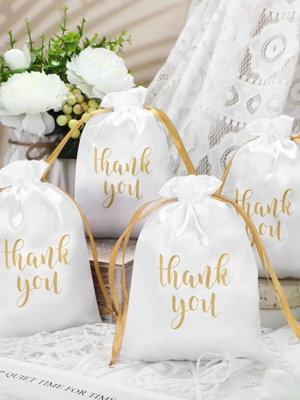 White and Gold 'Thank You' Drawstring Favor Bags - Party Supplies